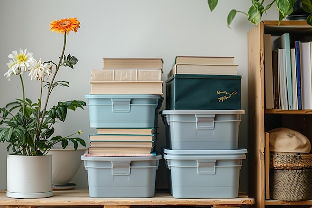 Photo three buckets with flowers in them are stacked on top of each other