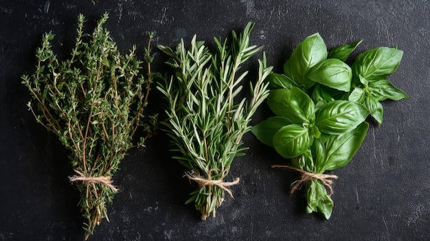 Three Bundles of Fresh Thyme Rosemary and Basil Herbs