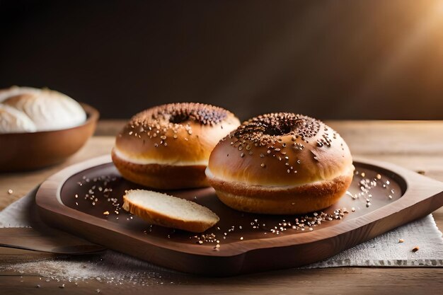 Three buns with sesame seeds on a wooden tray