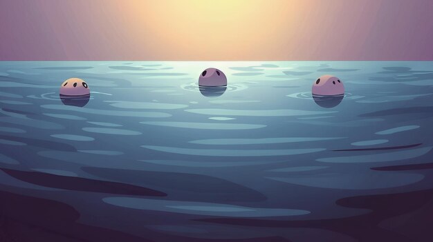 Photo three buoys floating on calm sea water at sunset