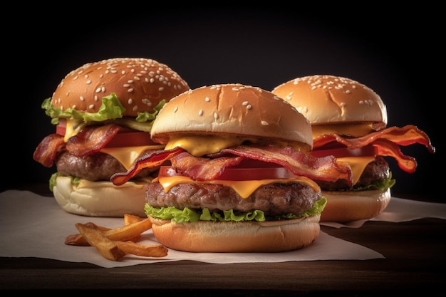 Three burgers with bacon on them sit on a table.