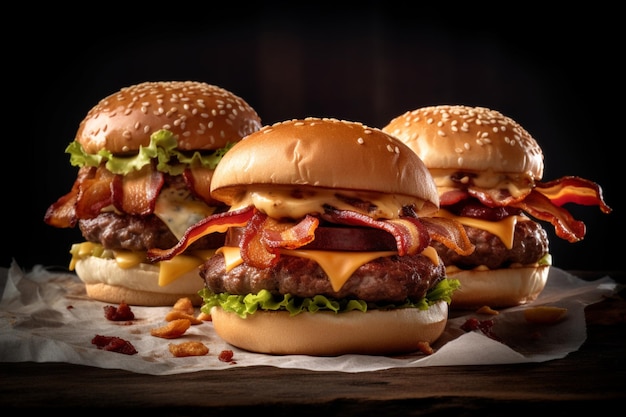 Three burgers with bacon on top and a bacon on top.