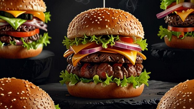 three burgers with cheese and lettuce on a black background