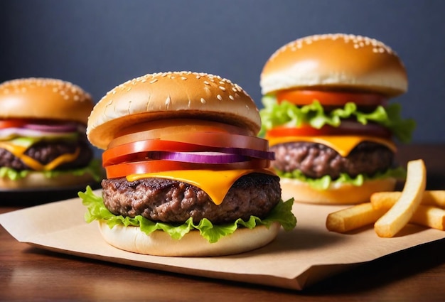 three burgers with cheese and lettuce on them are on a cutting board