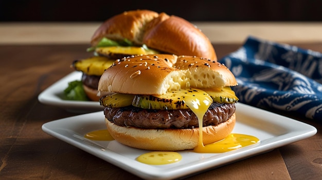 three burgers with cheese and mustard on a plate