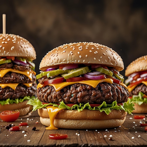 three burgers with cheese and onions on a wooden table