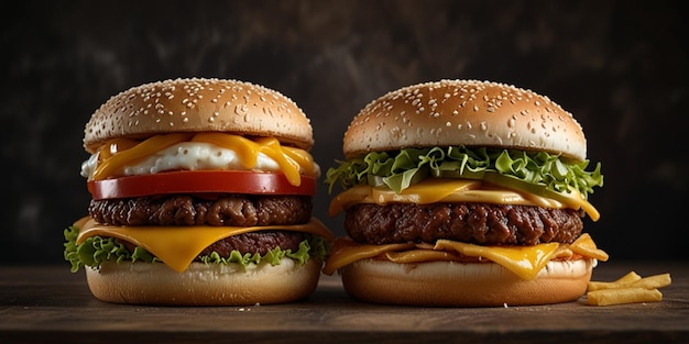 three burgers with cheeseburgers on a wooden board