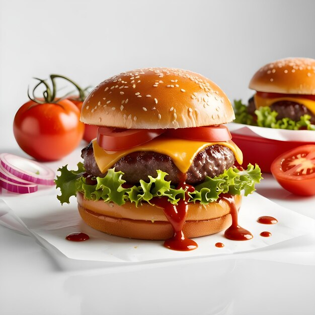 Photo three burgers with a tomato sauce and a tomato on the top