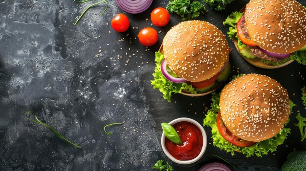 Photo three burgers with vegetables and sauce on dark surface