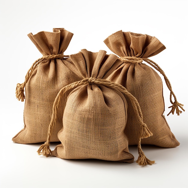 Photo three burlap sacks isolated on transparent or white