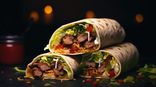 Three burritos stacked on top of each other with lettuce and meat inside