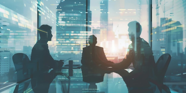 Three business people are discussing something in a conference room