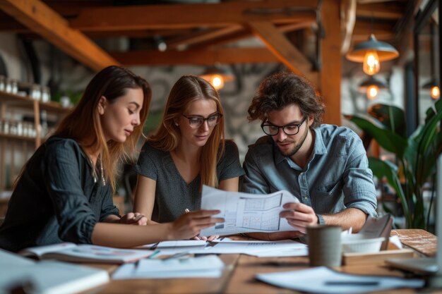 Three business people in the office working together