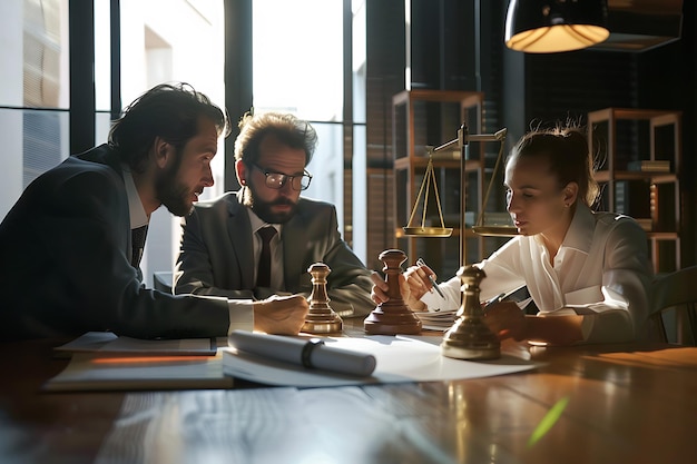 Three Business Professionals Discussing Legal Matters in a Modern Office