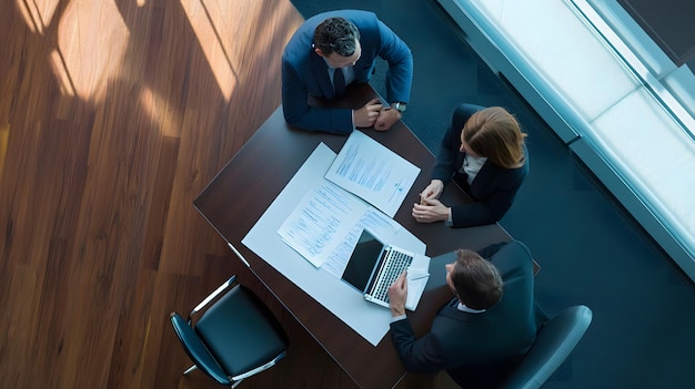 Three business professionals in discussion over documents in a modern office setting