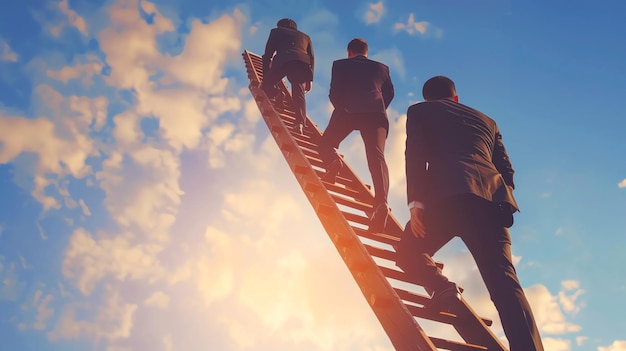 Three businessmen climb a ladder towards a bright sky