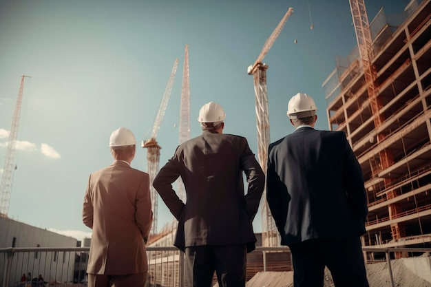 Three businessmen contemplating the construction of office building Review of engineering works