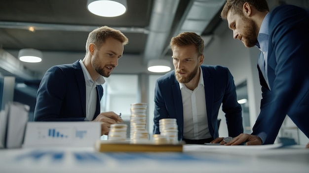 Three Businessmen Discussing Finances and Charts