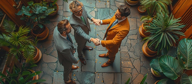 Photo three businessmen shaking hands in a garden setting