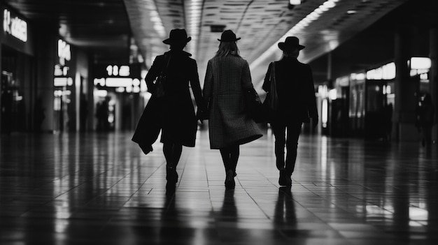 Three businesswomen holding hands walking in airport terminal