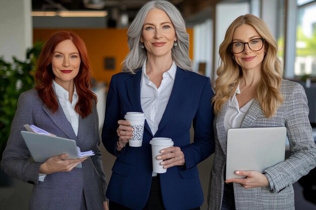 Photo three businesswomen pose confidently in a modern office