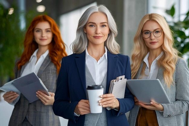 Photo three businesswomen pose confidently in a modern office