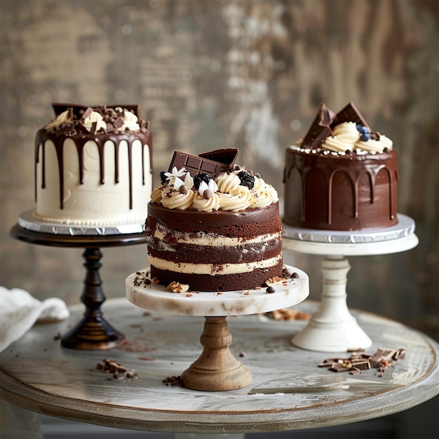 three cakes with chocolate on top of each other with a house on the top