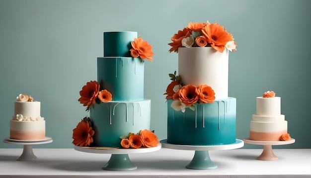 three cakes with flowers on them are displayed on a table