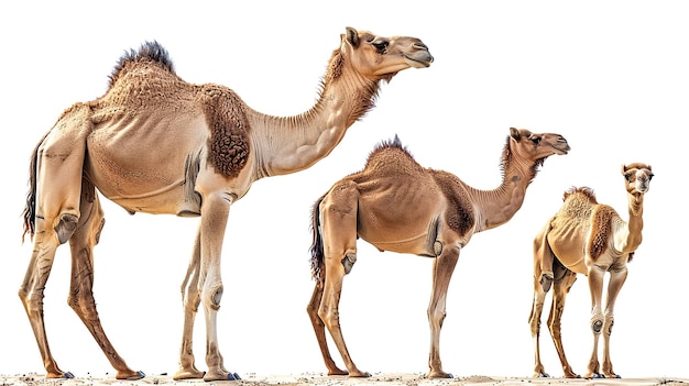 three camels are standing together one of which is a camel