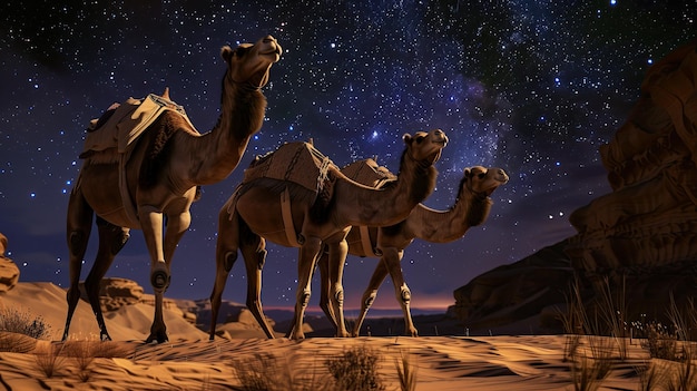 three camels walking in desert at night with starry sky