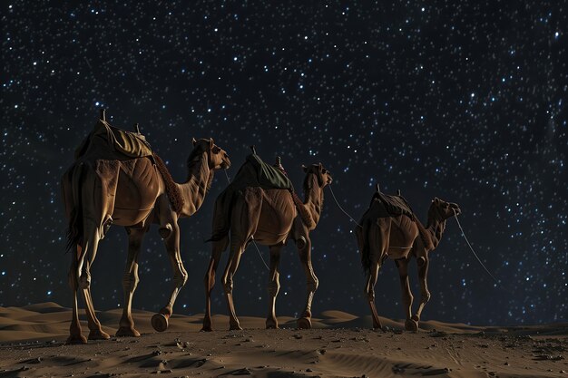 three camels walking in desert at night with starry sky