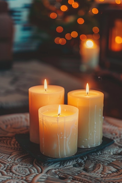 Three candles are lit and placed on a table