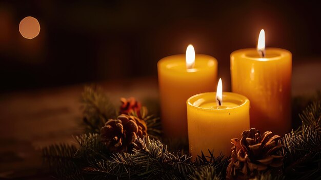 Three Candles Illuminated in an Advent Wreath Symbolizing the Third Week of Advent Set Against