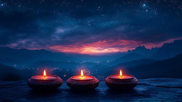 Photo three candles lit at dusk with mountains and stars in the background