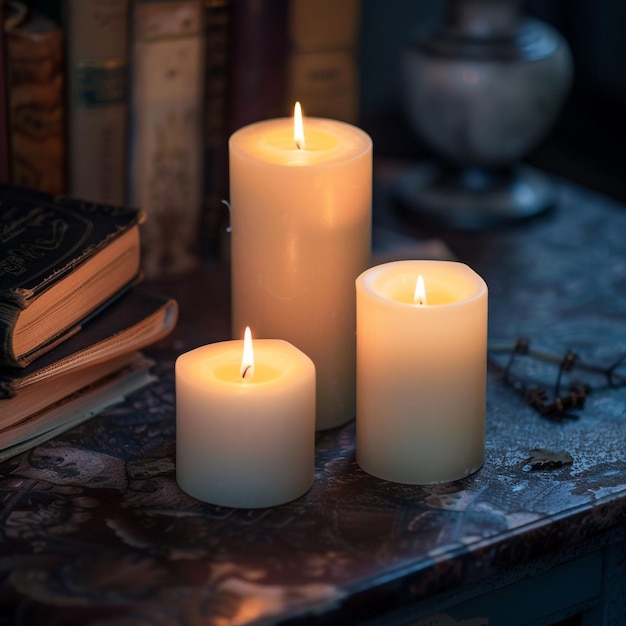 three candles on a table with one that says  i love you