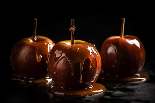 Three caramel apples on a black background