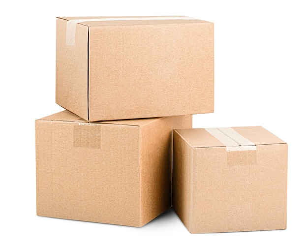 Three cardboard boxes on white isolated background