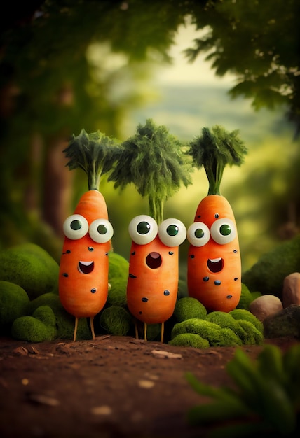 Three carrots with green eyes and a green leafy vegetable on the bottom