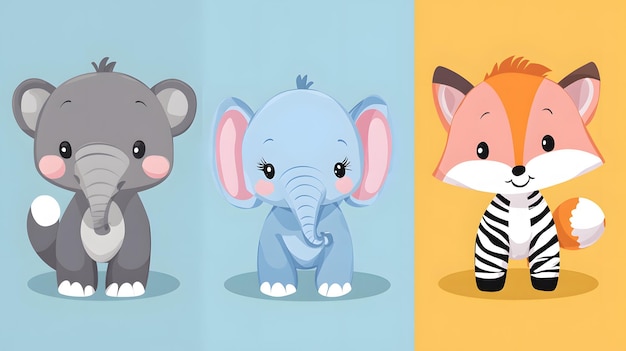 Photo three cartoon animals a gray elephant a blue elephant and a fox with zebra stripes