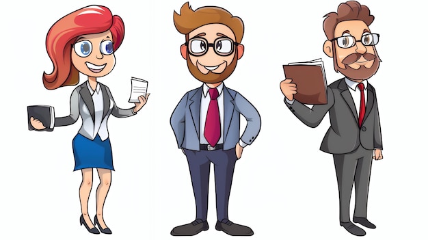 Photo three cartoon business people with a woman holding a document a man holding a book and another man with his hand in his pocket