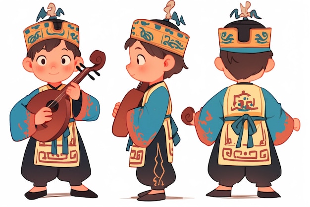 Photo three cartoon characters of a boy in traditional clothing playing instruments generative ai