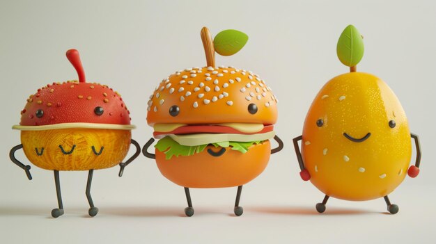 Photo three cartoon characters with faces and a hamburger with faces drawn on them