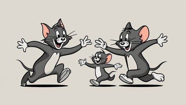 Photo three cartoon characters with one being silly and the other has a cat in the other