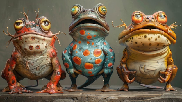 Three Cartoon Frogs Posing for a Photo