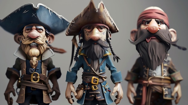 Photo three cartoon pirates posing in a row