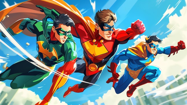 Three cartoon superheroes in brightly colored costumes are flying together