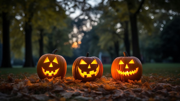 three carved pumpkins sitting on top of leaves