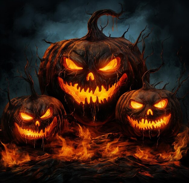 three carved pumpkins with glowing eyes and glowing tongues on a dark background generative ai