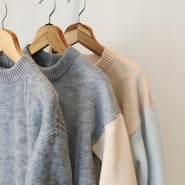 Photo three casual sweaters hanging on wooden hangers against a white background