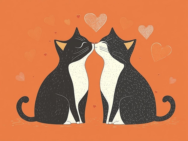 Photo three cats are kissing in front of a heart with hearts on the wall